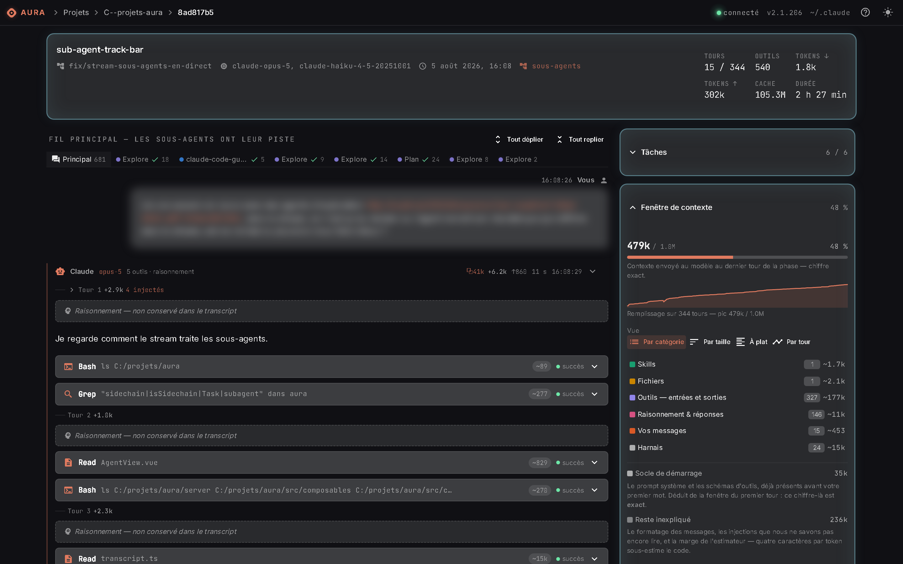 Rejeu d'une session : les pistes de sous-agents, et la fenêtre de contexte reconstruite tour par tour
